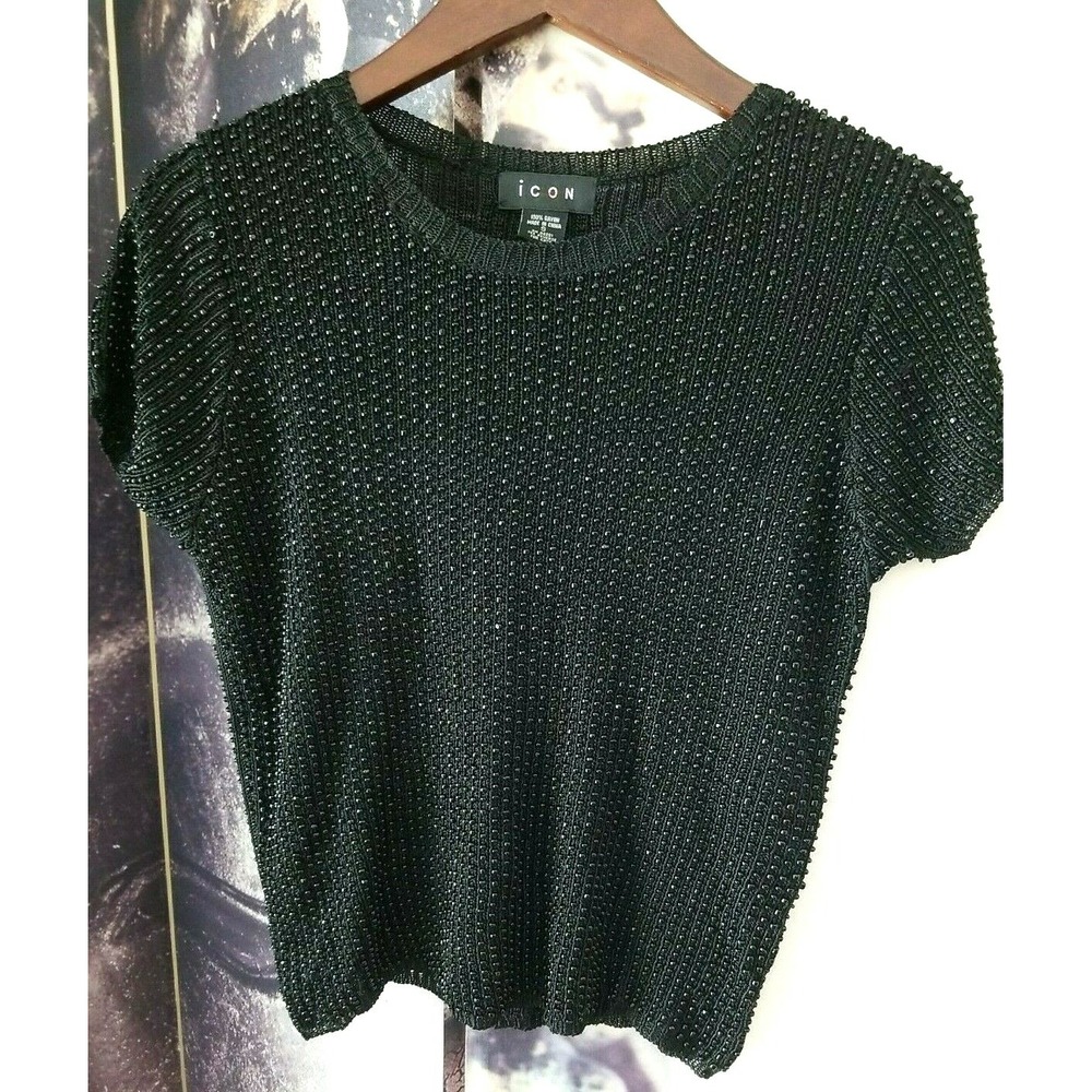 icon Brand Heavily Beaded Black Short Sleeve Crew Neck Pullover Top Size S Rayon